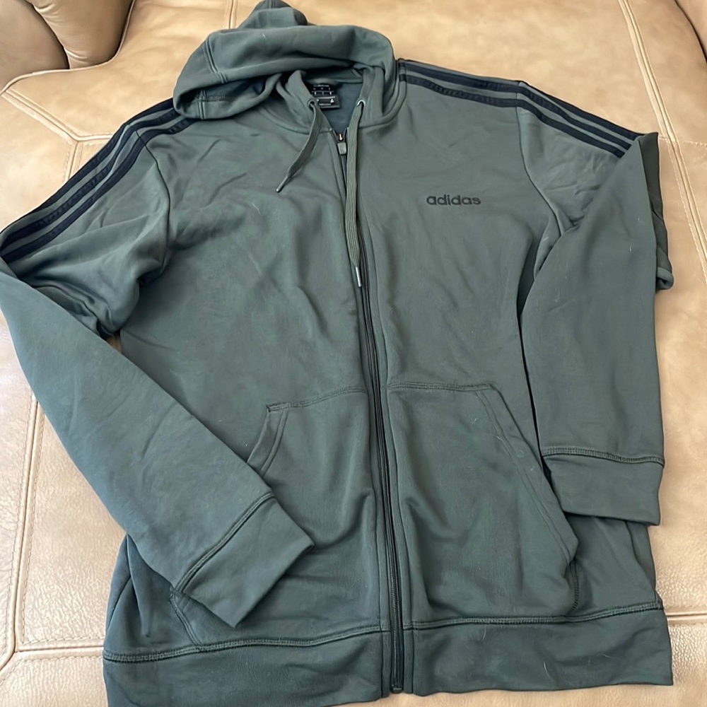 Adidas 3 stripes hoodie, zip front EUC - grey vs  muted army green